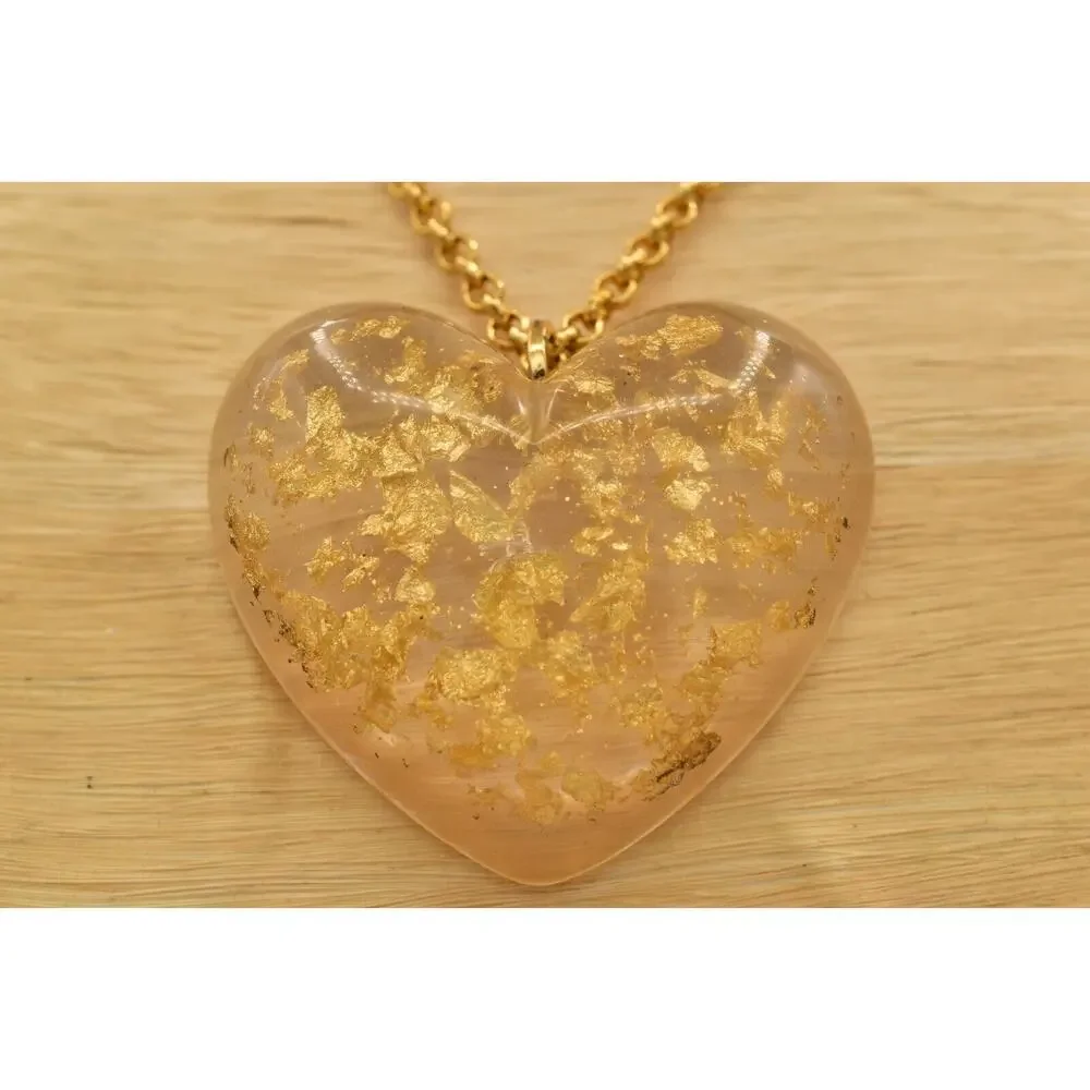 Vintage Heart Pendant Necklace Gold Foil Lucite Resin Designer Signed BinBJ